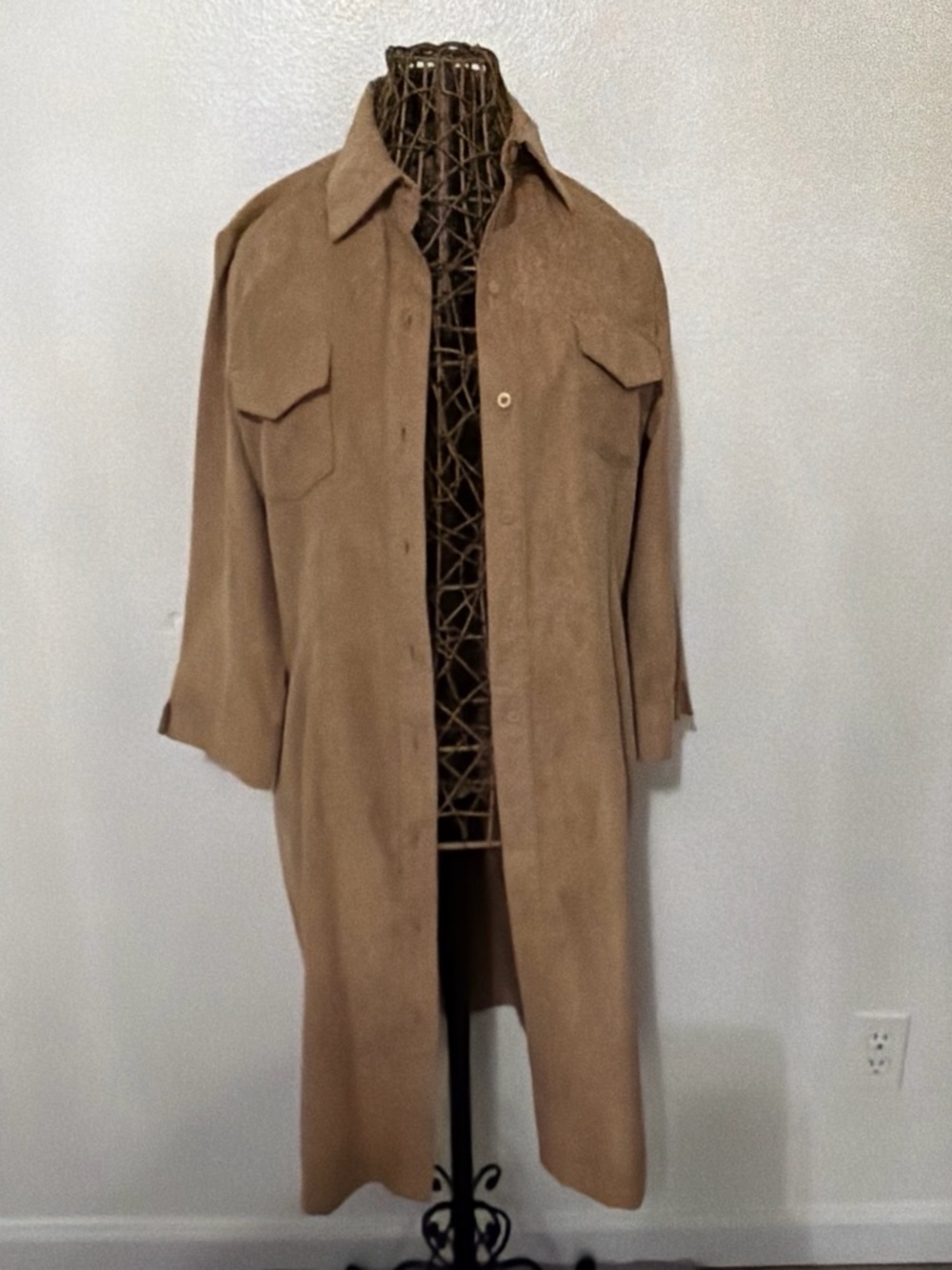 Womens Long Taupe Faux Suede Coat Jacket